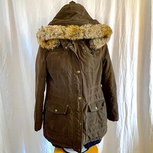 Olive Green Winter Coat ~ Rachel Roy ~ Fur Trim Hooded Jacket ~ Women’s M ~ EUC